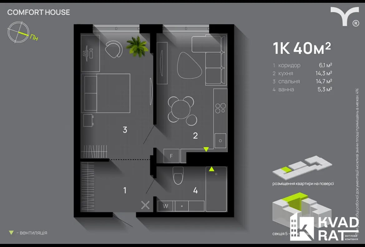 Продаж видової 1-к в ЖК Comfort House від BLAGO Developer.